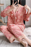 Luxury Pink Floral Satin Nightwear Set for Women | Full Sleeves Pajama Suit