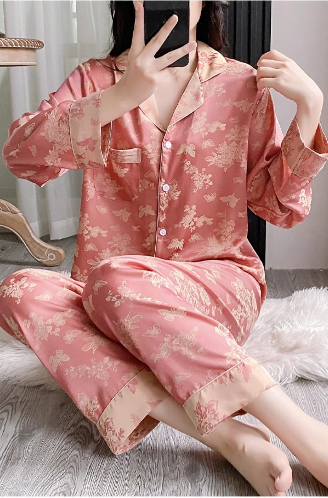 Luxury Pink Floral Satin Nightwear Set for Women | Full Sleeves Pajama Suit