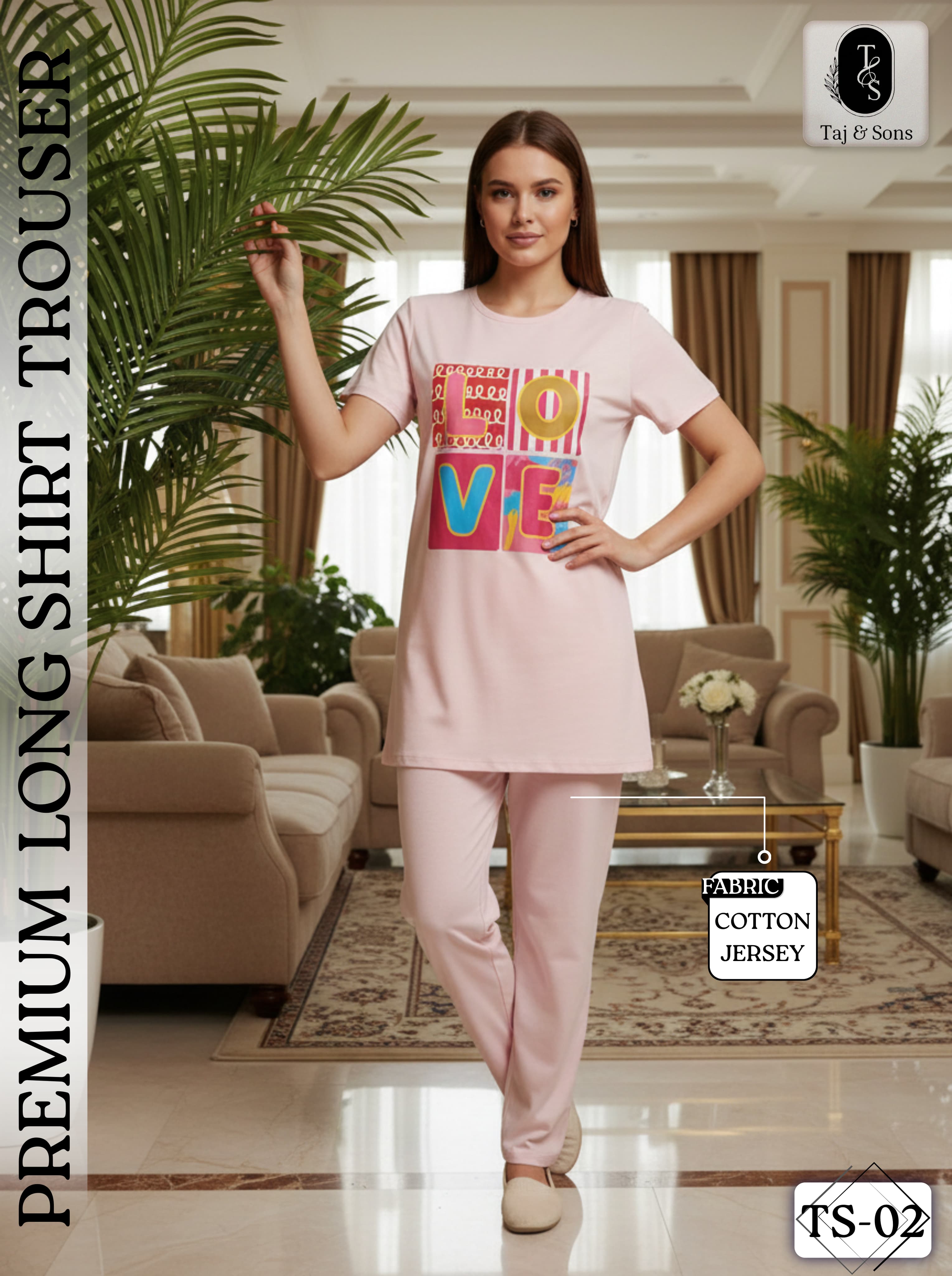 Premium Love Print Cotton Jersey Night Suit for Women