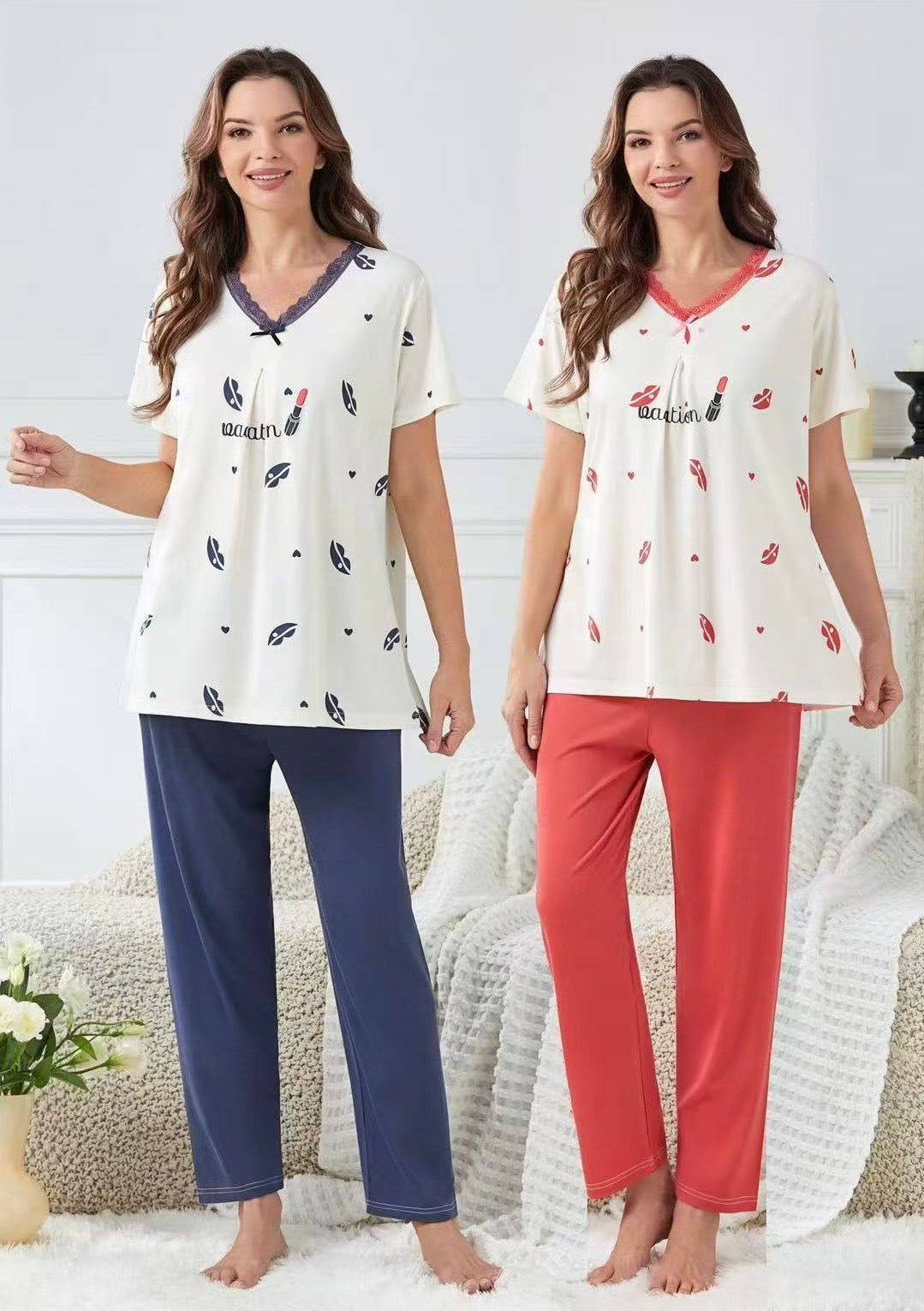 Cute Heart Print Cotton Night Suit Set For Women
