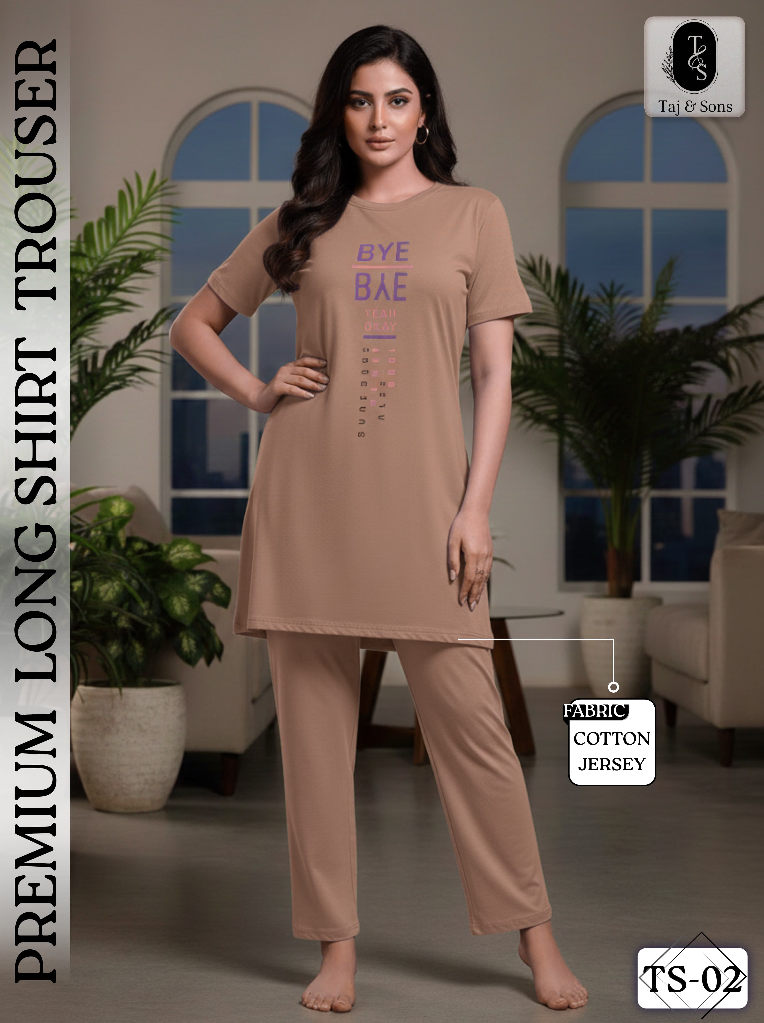 Premium Mocha Cotton Jersey Night Suit for Women