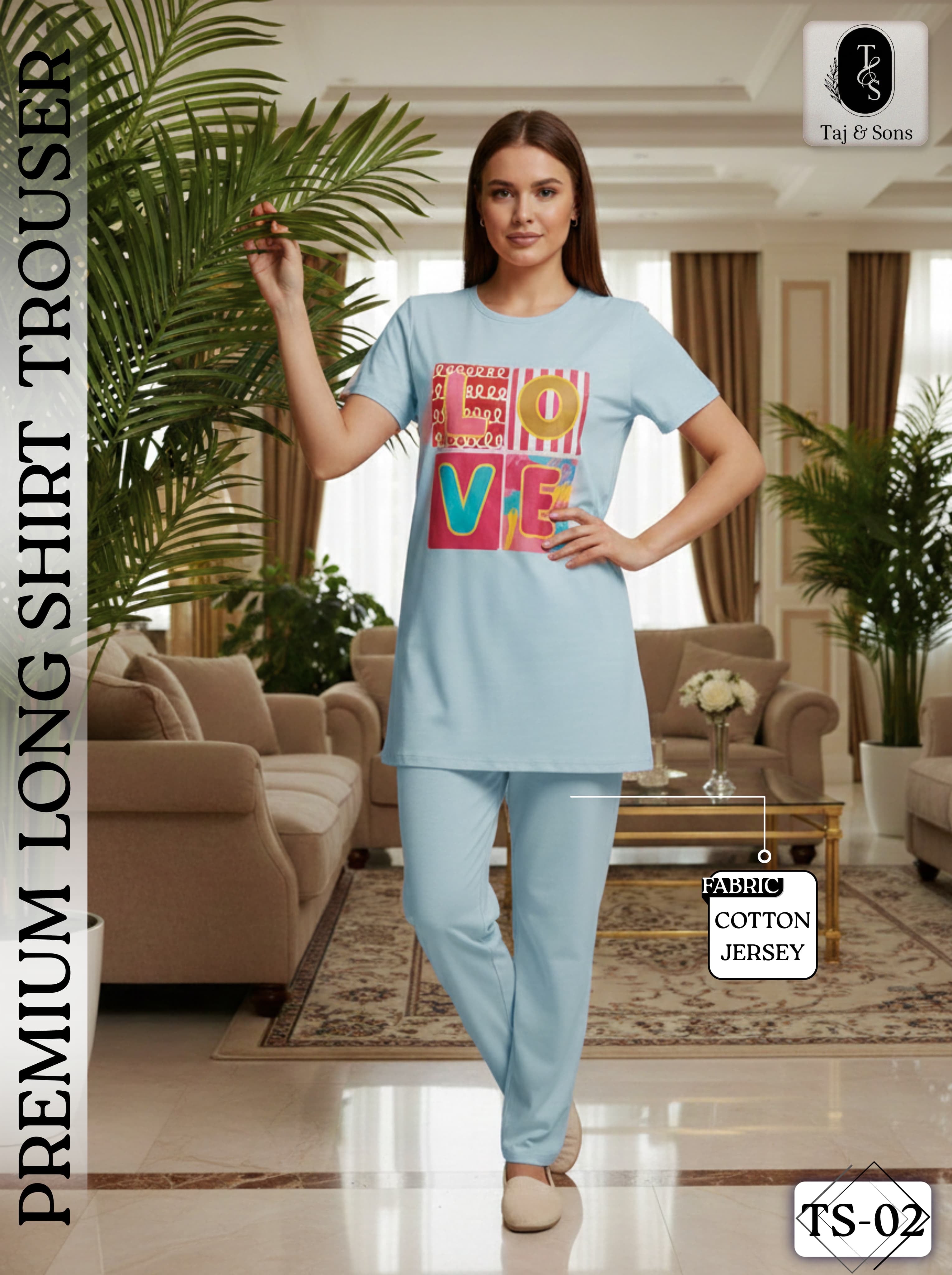 Premium Love Print Cotton Jersey Night Suit for Women